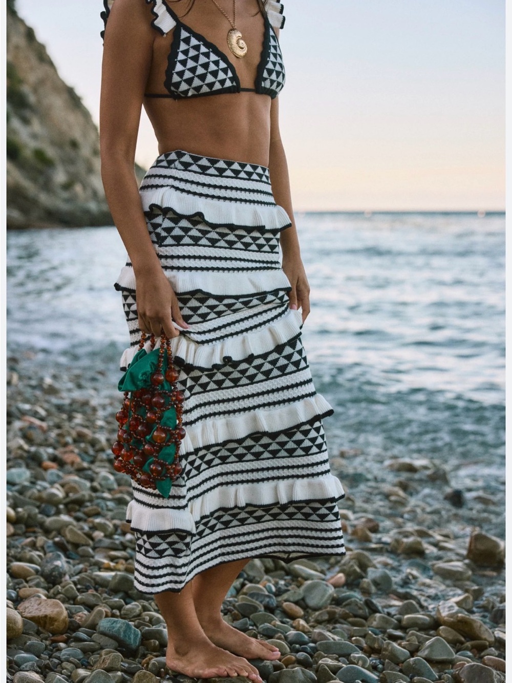 Black & White Geometric Ruffle Midi Skirt